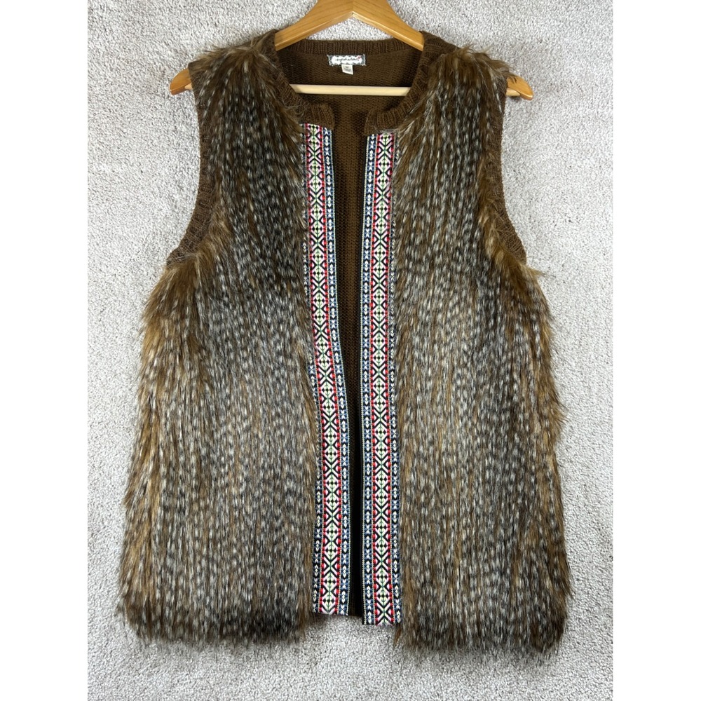 Brown Faux Fur Knit Back Vest Embroidered Trim Open Boho Festival Tribal Size M